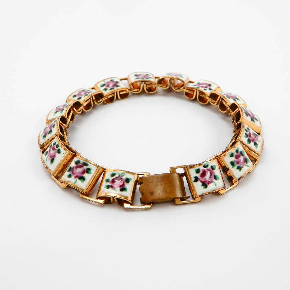 Vintage Hand Painted Enamel Panel Bracelet Pink Roses on White, Book Chain 6.75″