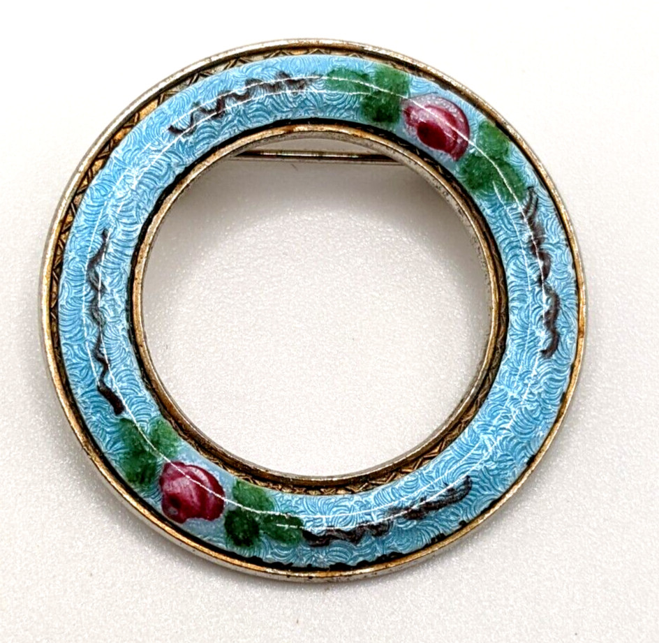 Vintage Enamel Brooch Beautiful Ring Style Blue with Pink Flowers