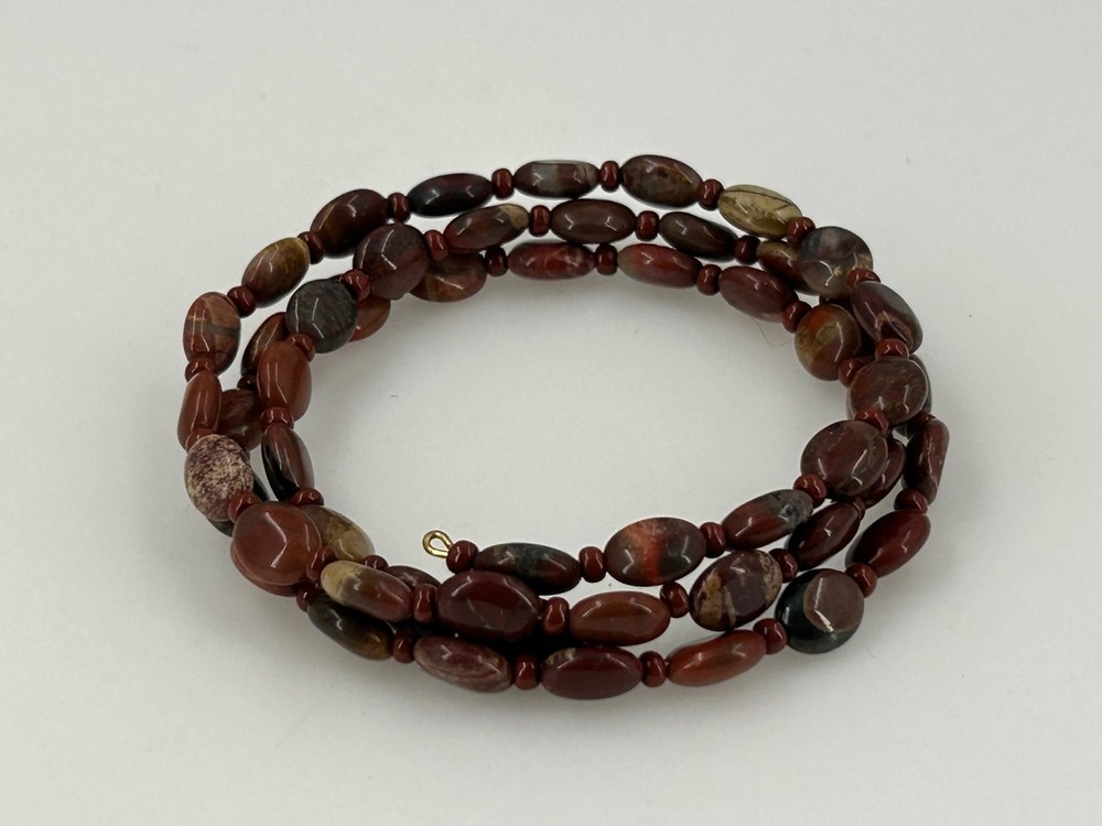 Natural Stone Beaded Coil Bracelet Red Brown Jasper Adjustable