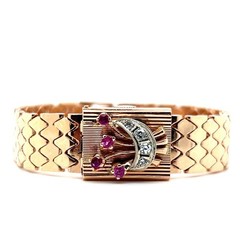 1940s Nastix 14 Karat Rose Gold Ruby and Diamond Covered Watch Bracelet
