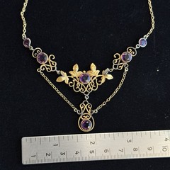 Vintage 12K GF Art Nouveau Revival Festoon Necklace Purple Glass Ivy Leaves
