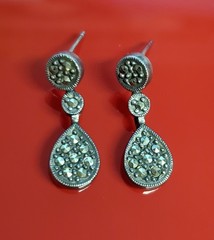 VTG 925 MC Teardrop Marcasite Earrings 1in Drop Sterling Silver 3gtw New Backs