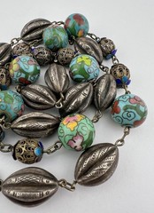 Old Chinese Export Silver Enamel Cloisonne Filigree Melon Bead Chain 26.5″-72.5g