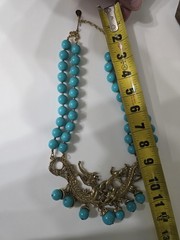 Double Strand Chunky Turquoise Color Blue Bead Necklace Gold Tone Dragon Pendant