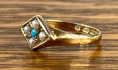 1873 Victorian Turquoise Seed Pearl 15k Gold Ring Birmingham Size 6.5+/- not 14k