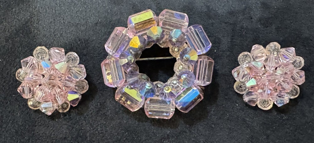 Vintage Light Pink Aurora Borealis Crystal Brooch & Clip On Earrings Set