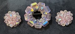 Vintage Light Pink Aurora Borealis Crystal Brooch & Clip On Earrings Set