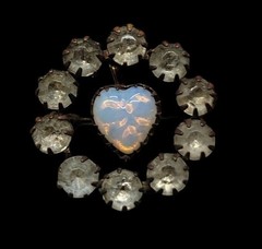 Antique Victorian Opaline Glass Heart Brooch Paste Rhinestone C Clasp Estate
