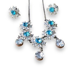 Vintage Nemo Signed Earrings and Necklace Aqua Rhinestone Silver Tone Costume