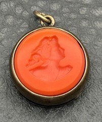 Vintage Extasia Orange Faux Coral Intaglio Cameo Pendant Gold Tone Charm