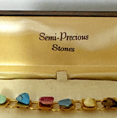 Unique Mid Century Semi Precious Genuine Stones Gold Tone Link Bracelet & Case