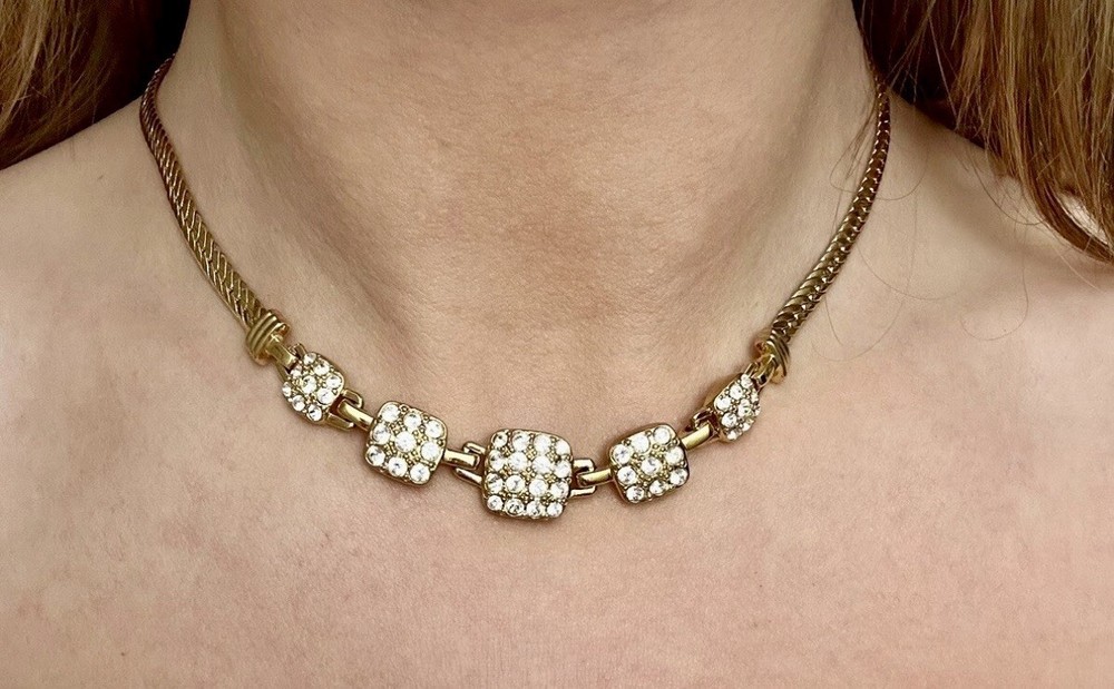Swarovski + Swan Signed Rhinestone Statement Necklace 5 Gem Cushion Links