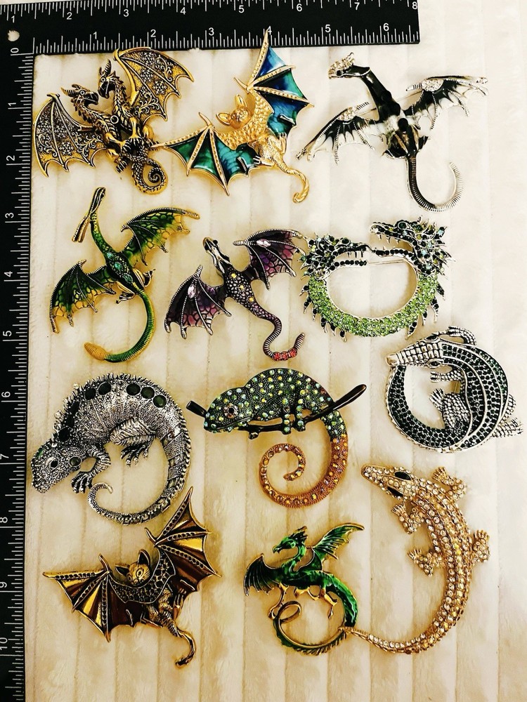 Vintage Style Dragon & Reptile Brooch Lot 12 Rhinestone, Enamel Bat, Lizard