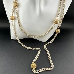 Vintage Chain Necklace Textured Gold Tone Filigree Station Ball Long Flapper 52″