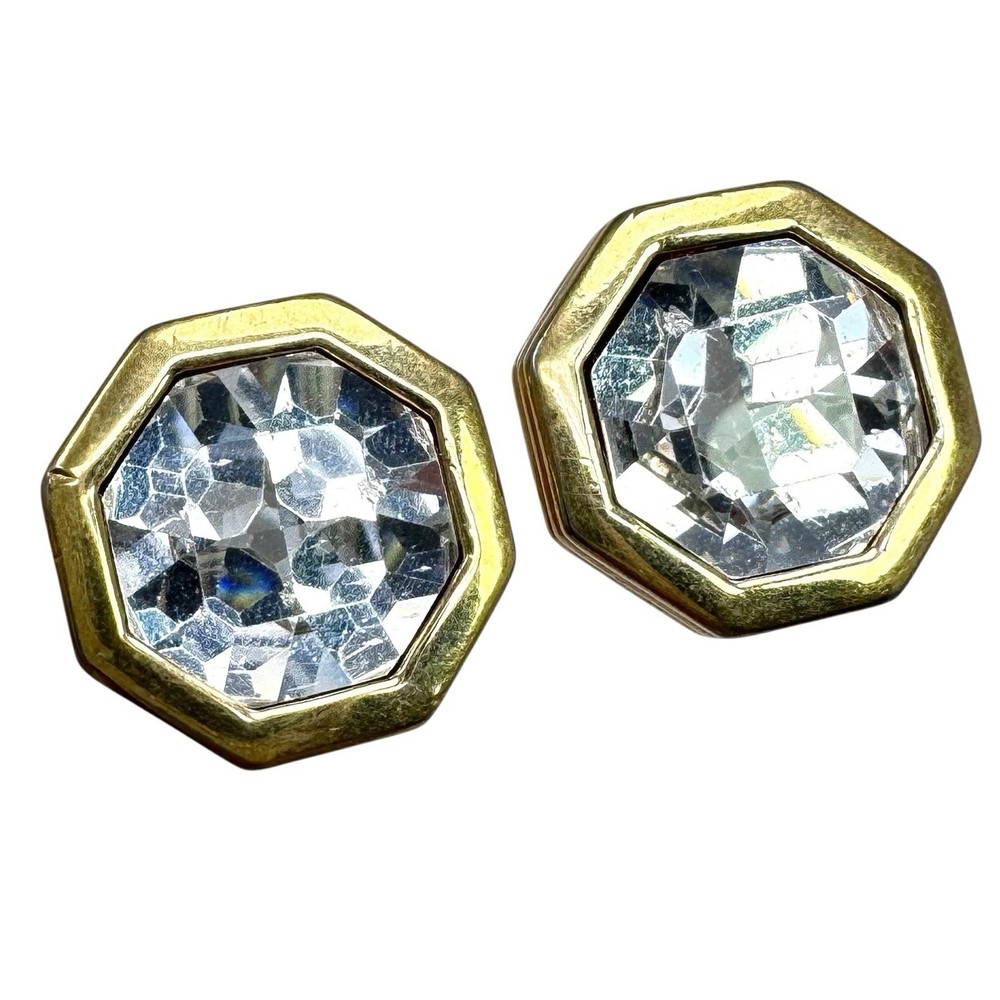 Vintage S.A.L. Swarovski Gold Tone Large Octagon Clip Earrings w/ Clear Crystal
