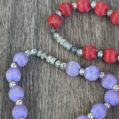 Set of 2 Silk Satin Thread Covered Round Beaded 25” Retro Necklace Red Lavender