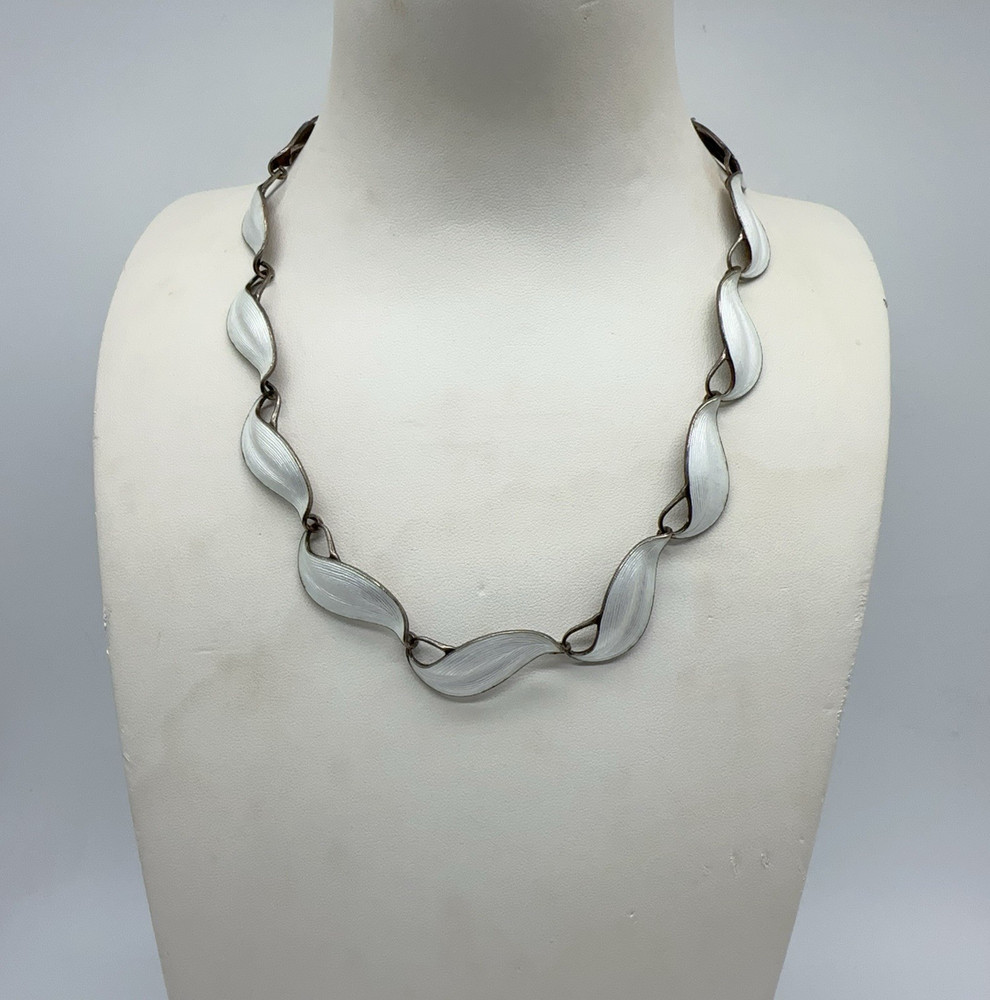 VTG Finn Jensen Norway Sterling Silver White Enamel 17″ Necklace 33.7g#yde