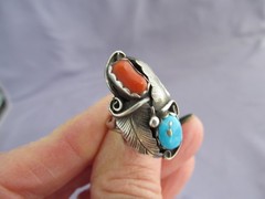 VINTAGE OLD PAWN STERLING ROBERT SHAKEY SQUASH BLOSSOM TURQUOISE CORAL RING