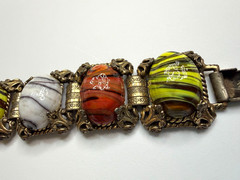 Vintage Chunky Swirl Art Glass Cabochon Link Bracelet Brass Retro 1950s Dungeon