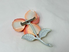 Vintage Peach Pink and Green Enamel Metal 3.5″ Flower Brooch Pin