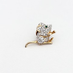 Vintage Clear Crystal Green Eyed Mouse Animal Gold Tone Lapel Pin