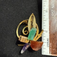Vintage Natural Stone & Gold Tone Filigree Circle Brooch 1.75″ X 1.25″ MCM