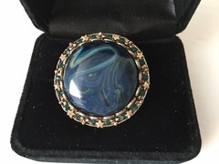 Vintage Large Blue Cabochon Brass Ring W Stars Green Rhinestones