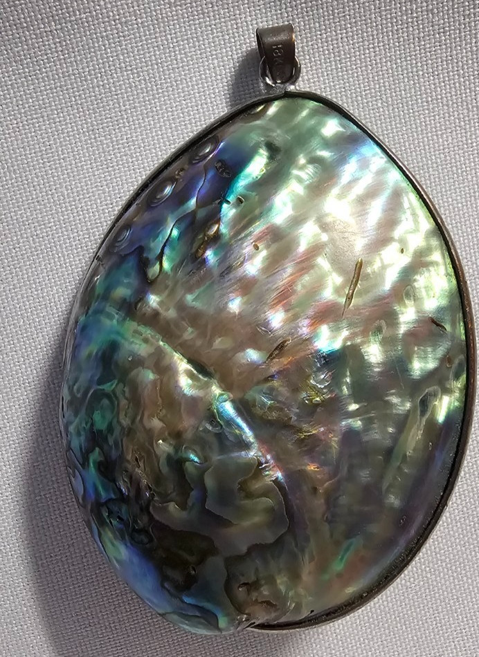 Large 925 Sterling Silver Abalone Paua Shell Pendant Teardrop Iridescent Vintage