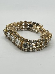 Vintage Estate Gold Tone Clear Rhinestone Fold Over Clasp Bracelet 7”