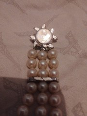 Vintage Three Strand Faux Pearl Bracelet Ornate Crystal Accented Box Clasp