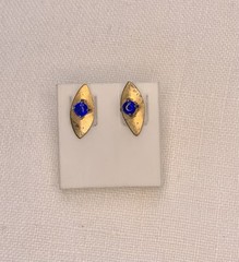 Vintage Gold Tone Stud Earrings Marquise Shape With Blue Center Stone