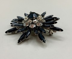 Vintage Judy Lee Brooch Earrings Set Black Navette Clear Rhinestone Flower