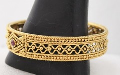 Indian Ornate Gold Tone Bangle Bracelet Hand Made w/ Natural Ruby Stones