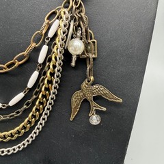 Plunder Multi-Layer Chain Pendant Necklace Bird & Pearl Charms 24 Inch Mixed Met