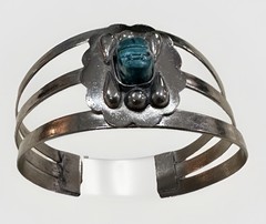 Vintage Silver Color Egyptian Blue Scarab Cuff Bracelet 2.25″ Inside Diameter