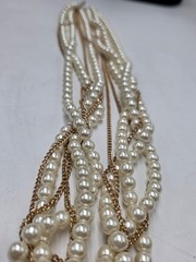 Vintage Multi Strand Faux Pearl Gold Tone Chain Statement Necklace Wedding