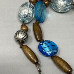 Beaded Necklace Blue Glass Fused Foil Acrylic Crackle Faceted Wood Metal 21″