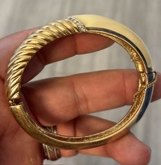 Vtg PANETTA Gold White Enamel w/ Pave Crystals Hinged Bangle Bracelet