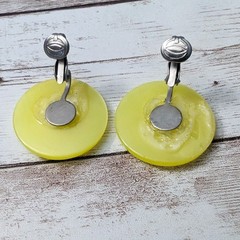 Vintage Clip On Earrings – 1 & 1/8″ Retro Yellow Circle – Some Damage To Rear