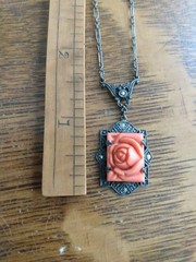 Antique coral colored Rose molded glass & Sterling Deco Necklace Pendant