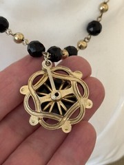 Vintage Coro Black Faceted Glass Bead Rhinestone Pendant Necklace Signed