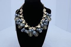 Faux Pearl Rhinestone Statement Necklace Gray Cream Gold Tone Cluster Bib