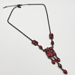 Art Deco Inspired Necklace Bronze Tone Red Lucite Dangles Adjustable 16″ – 19″