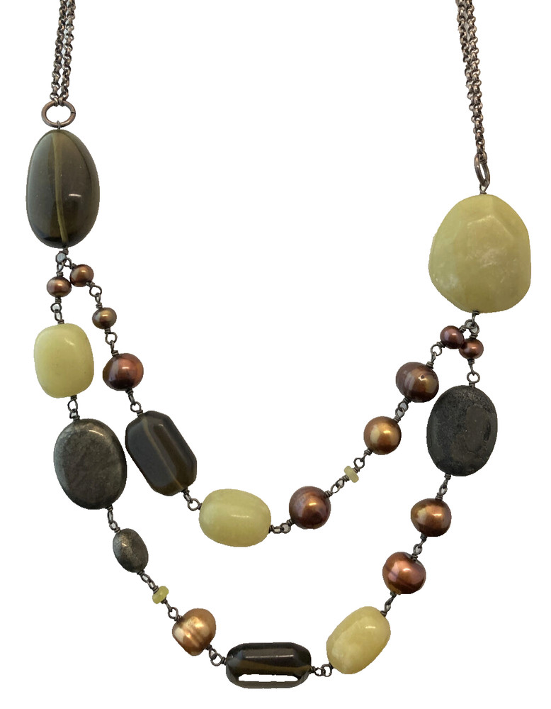 Peyote Bird Pearl Leather Stone 2 Strand 925 Sterling Silver 20” Necklace 60g