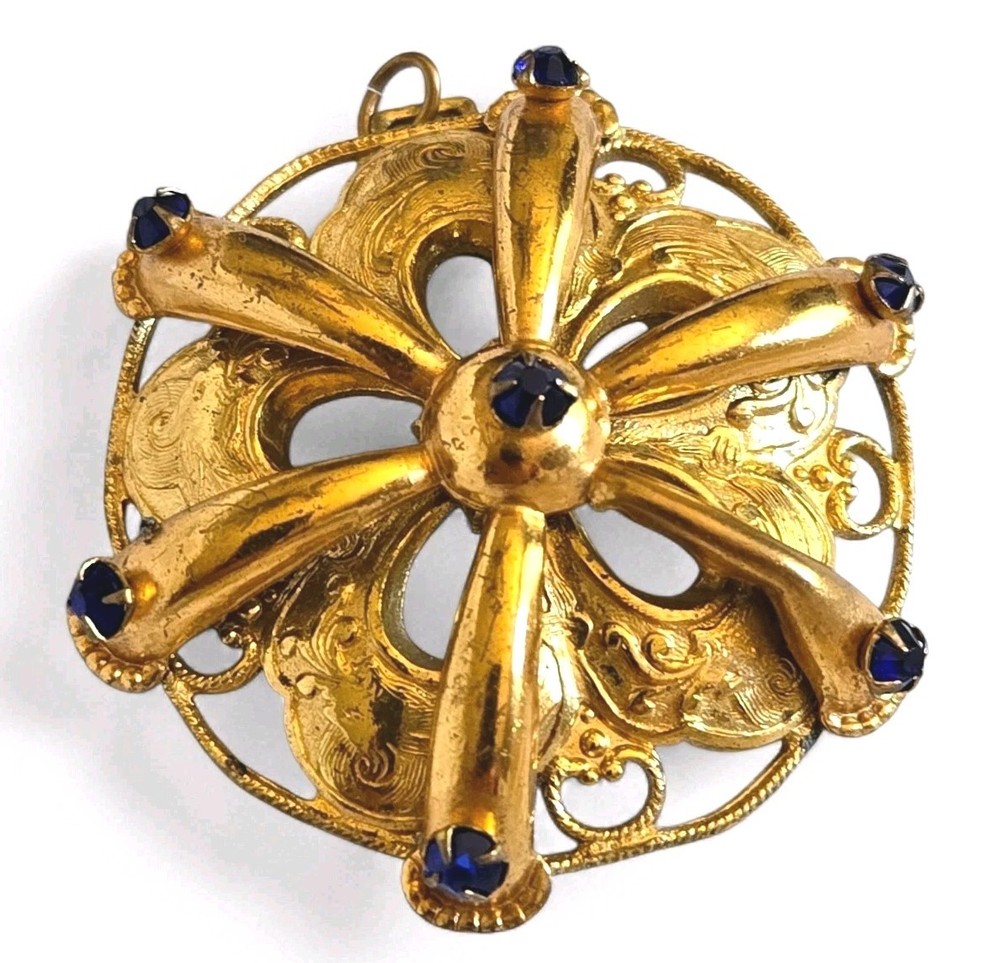 Vintage Goldtone And Blue Rhinestone Pendant. See Photos For Condition