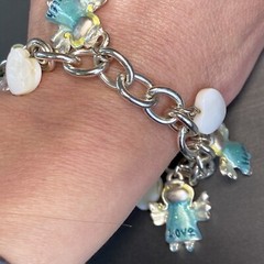 Love Hope Faith Angels Mother of Pearl Hearts Vintage Charm Blue Enamel Bracelet