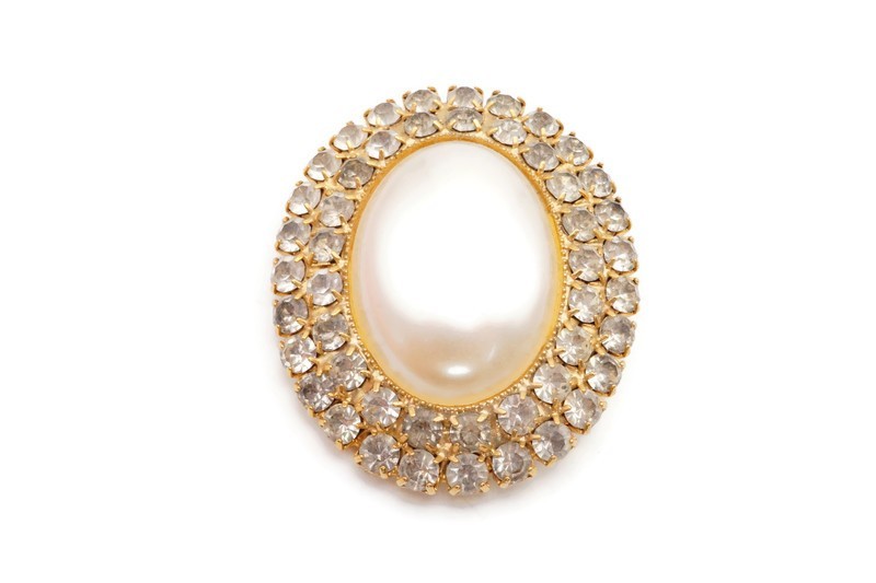 Vintage Brooch Pin Gold Tone Rhinestone Faux Pearl Cabochon