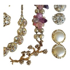 Lot Necklace Brooch Earring Pink Pearl Rhinestone Glass AB Beads Vintage Jewelry