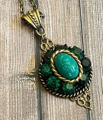 Vintage Scarab Necklace Egyptian Revival Pendant Green Czech Glass Beetle