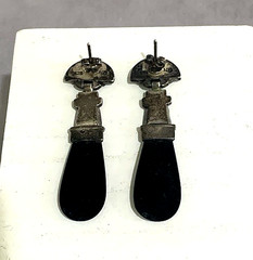 Vintage Signed 925 ND Sterling Black Onyx & Marcasite PE Dangle Earrings
